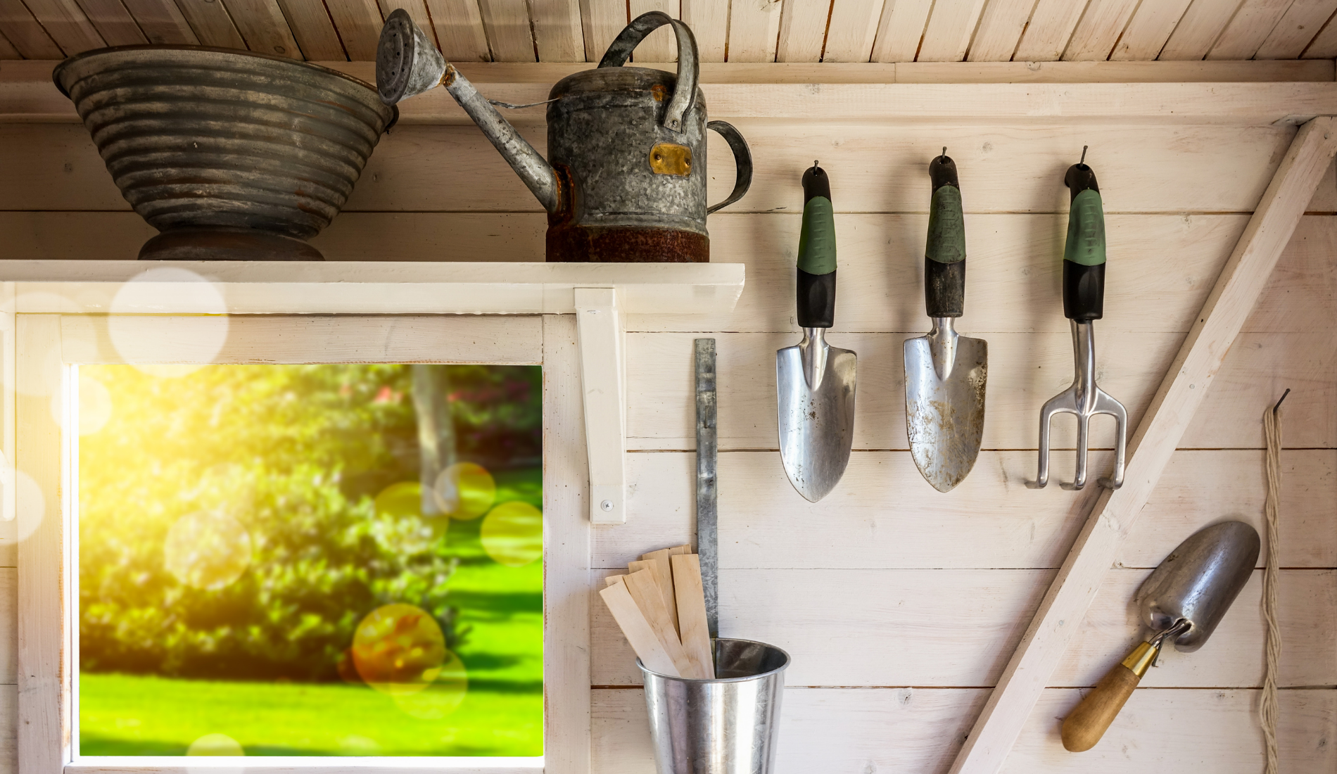 Gardening tools in a small garden storage shed.