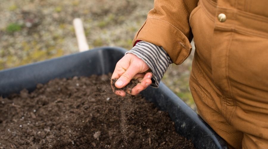 A farmer in coveralls holds a handful of soil from a wheelbarrow