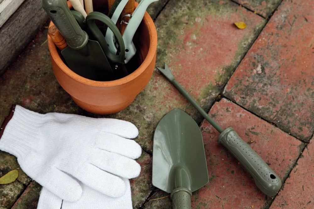garden tools white gloves green spade and terra cotta pot