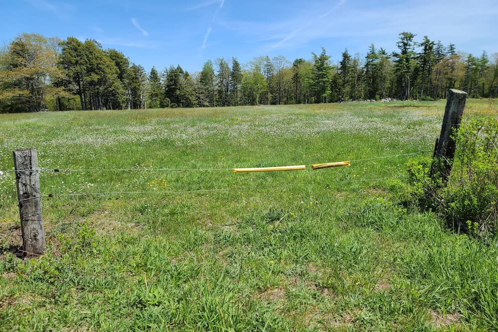 Two wooden stakes with metal thread fastened to each one. The metal thread is to mark private property and stop intruders from trespassing. There's a large field and dense woods in the distance.