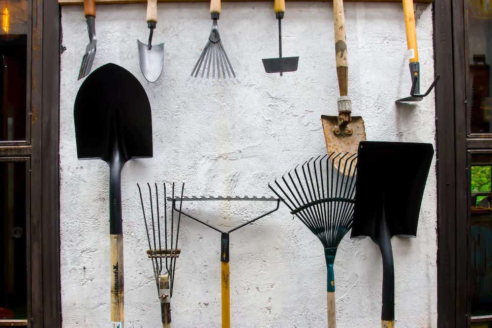 gardening tools on display, 