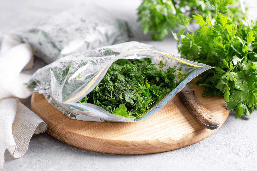 Frozen parsley in a plastic bag