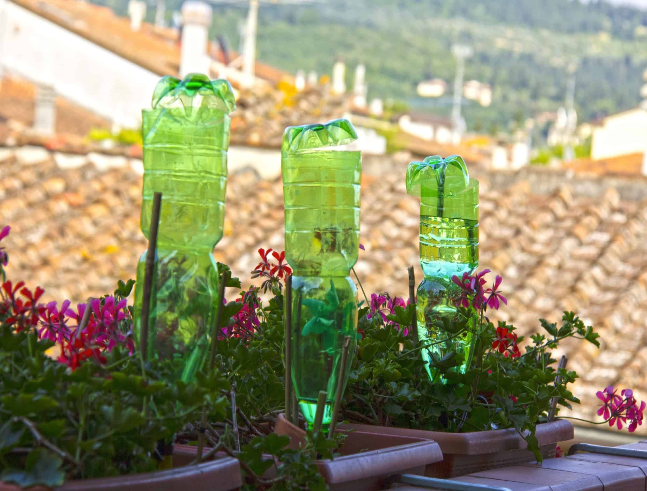 plastic bottles for watering flowers on the balcony as irrigation system