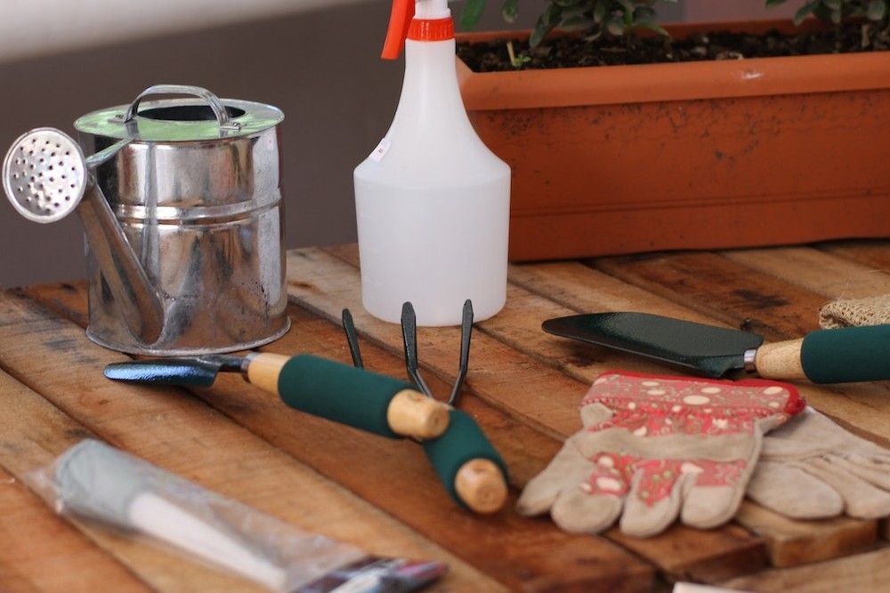 gardening tools on the wooden table