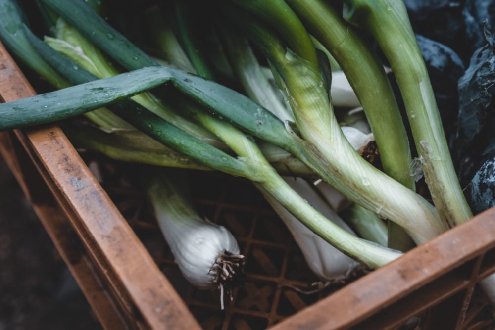 A bunch of leeks in a brown crate