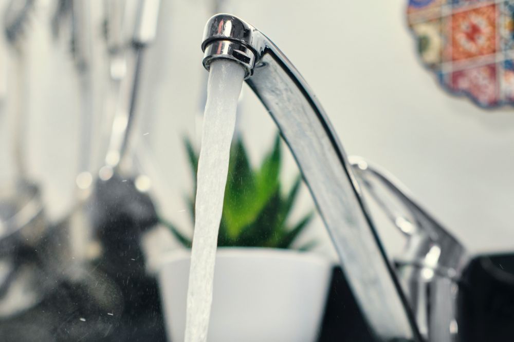 sink faucet running water with plant in background