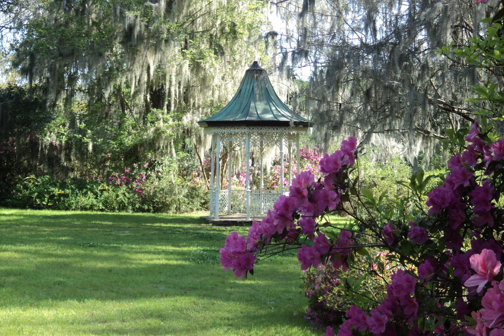 Shaded Garden in Summer with Gazebo or Pavilion