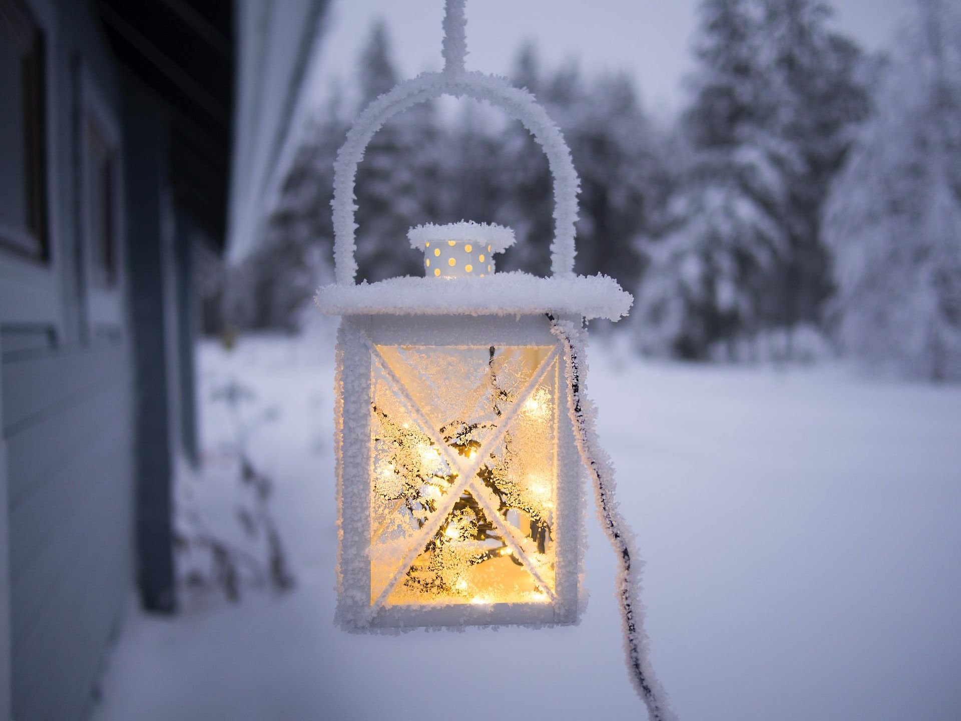 Lantern filled with Christmas lights