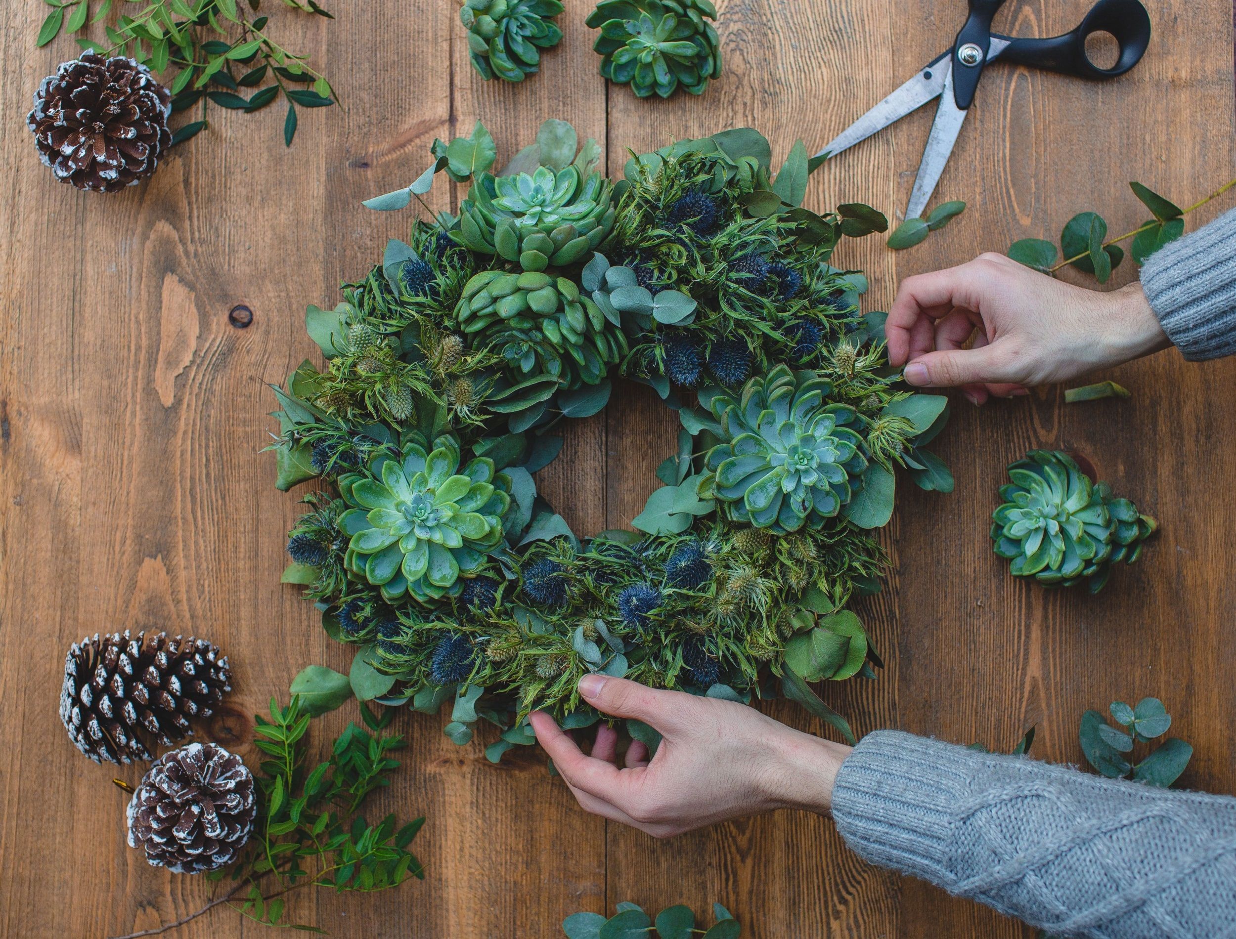 making wreath with green succulent roses