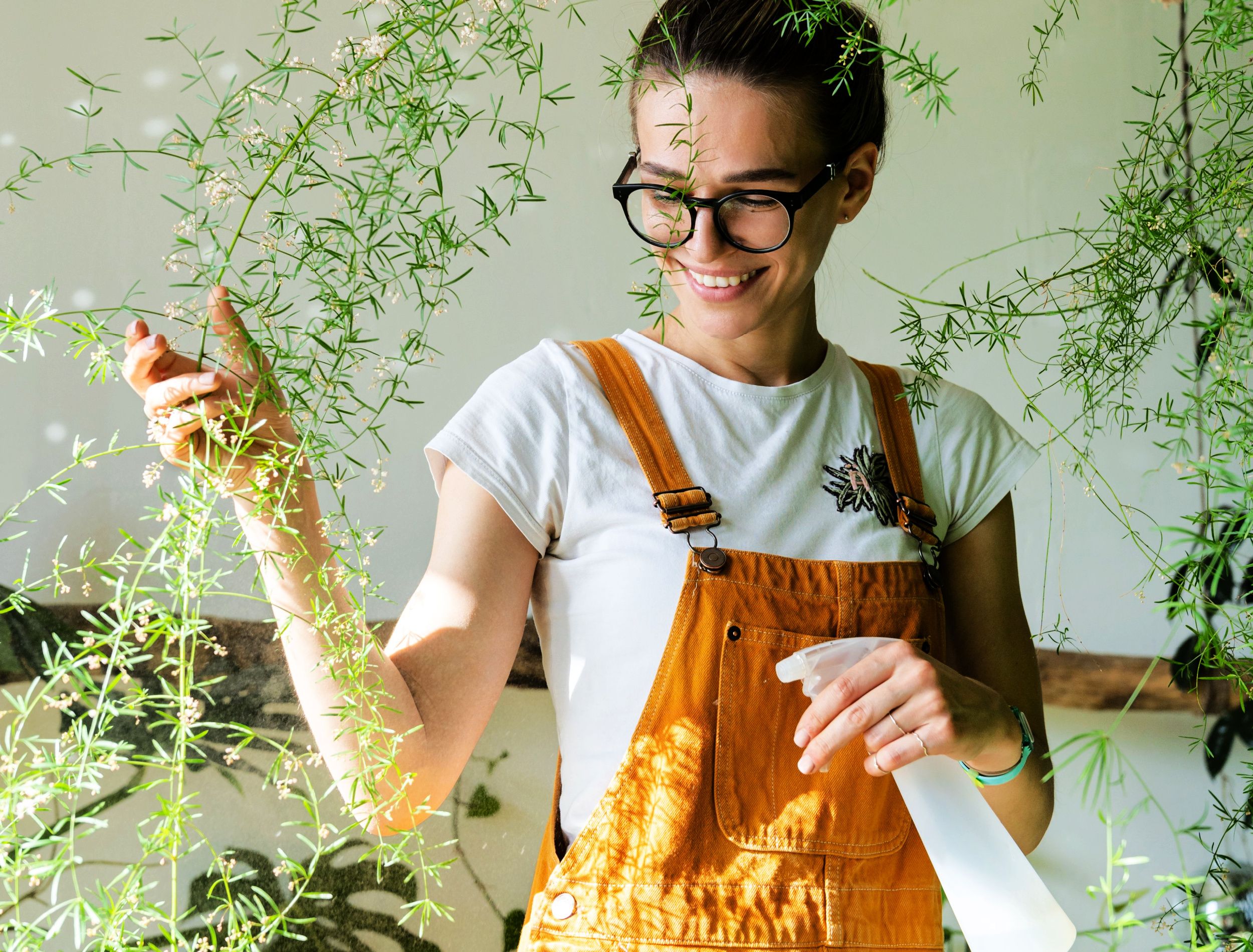 Smiling young woman gardener in orange overalls spraying lush asparagus fern houseplant in her flower store. Greenery at home. Love of plants. Indoor cozy garden.