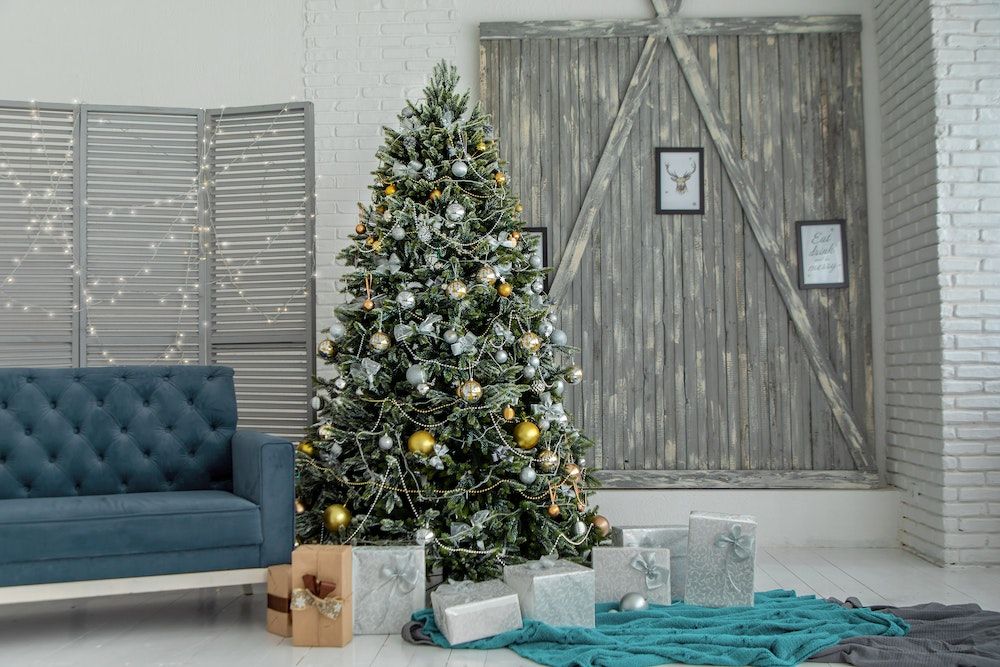 Christmas Tree decorated in modern living room
