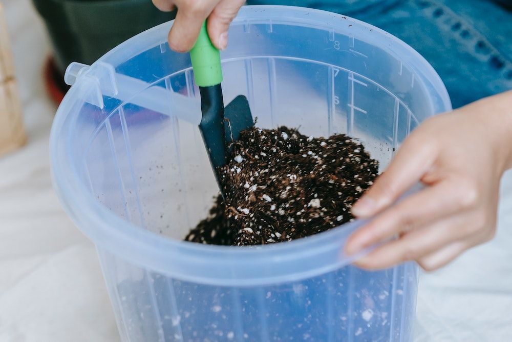 person scooping soil into a plastic pot