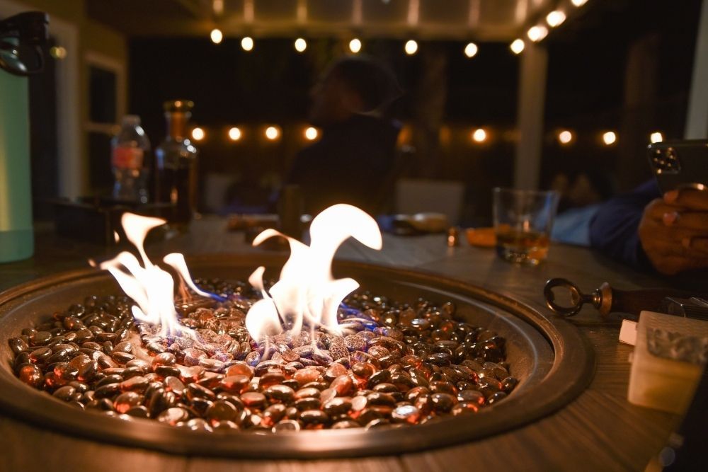 A round tabletop fire pit