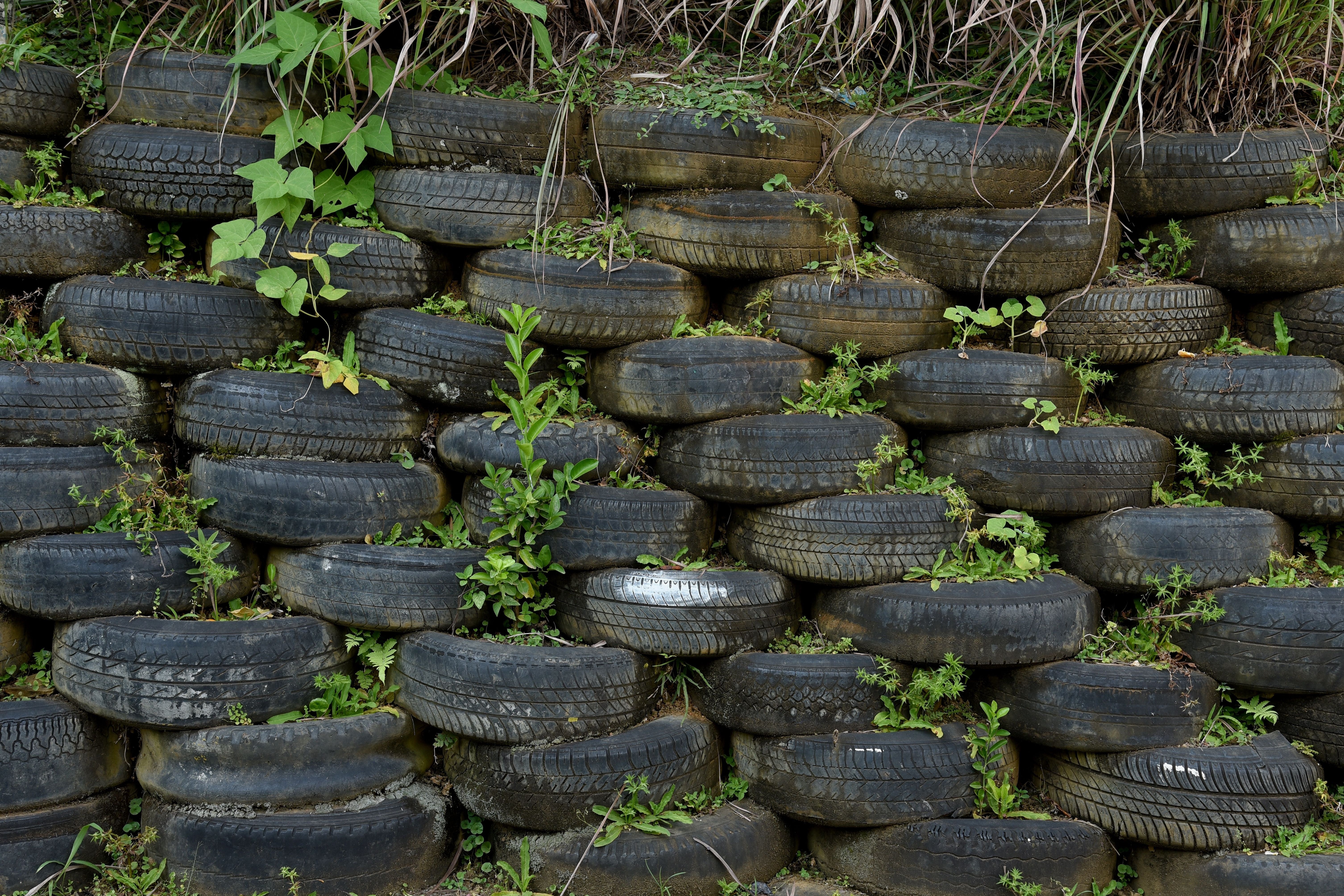 Pile tires used for natural disaster retaining walls, natural resource conservation. dying planet, earth day, graphic resource.