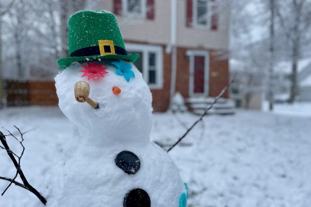 A small snowman in the front yard