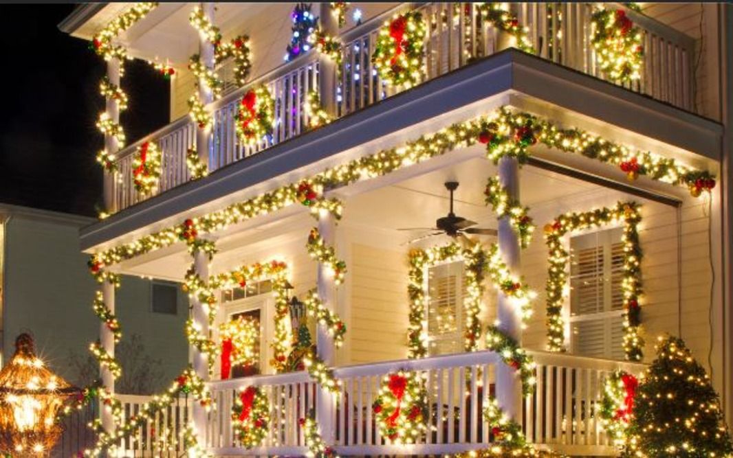 Balcony with garland and Christmas lights