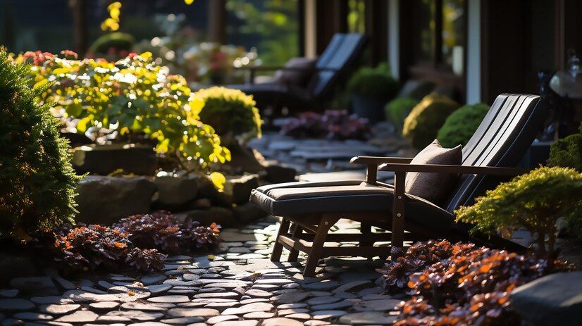 Dry creek bed featuring a tranquil meditation area amidst natural surroundings.