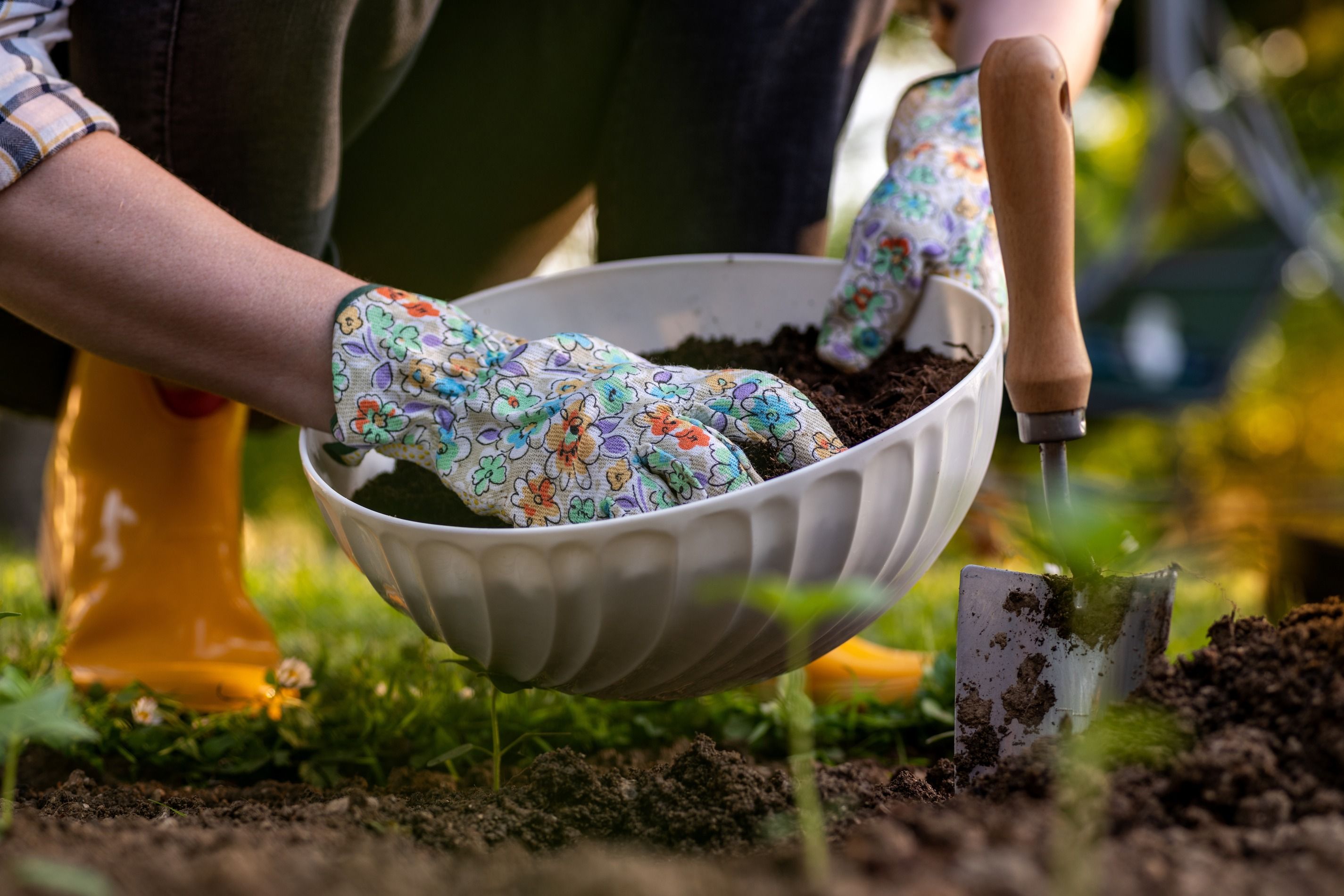 Adding compost to garden soil to amend it