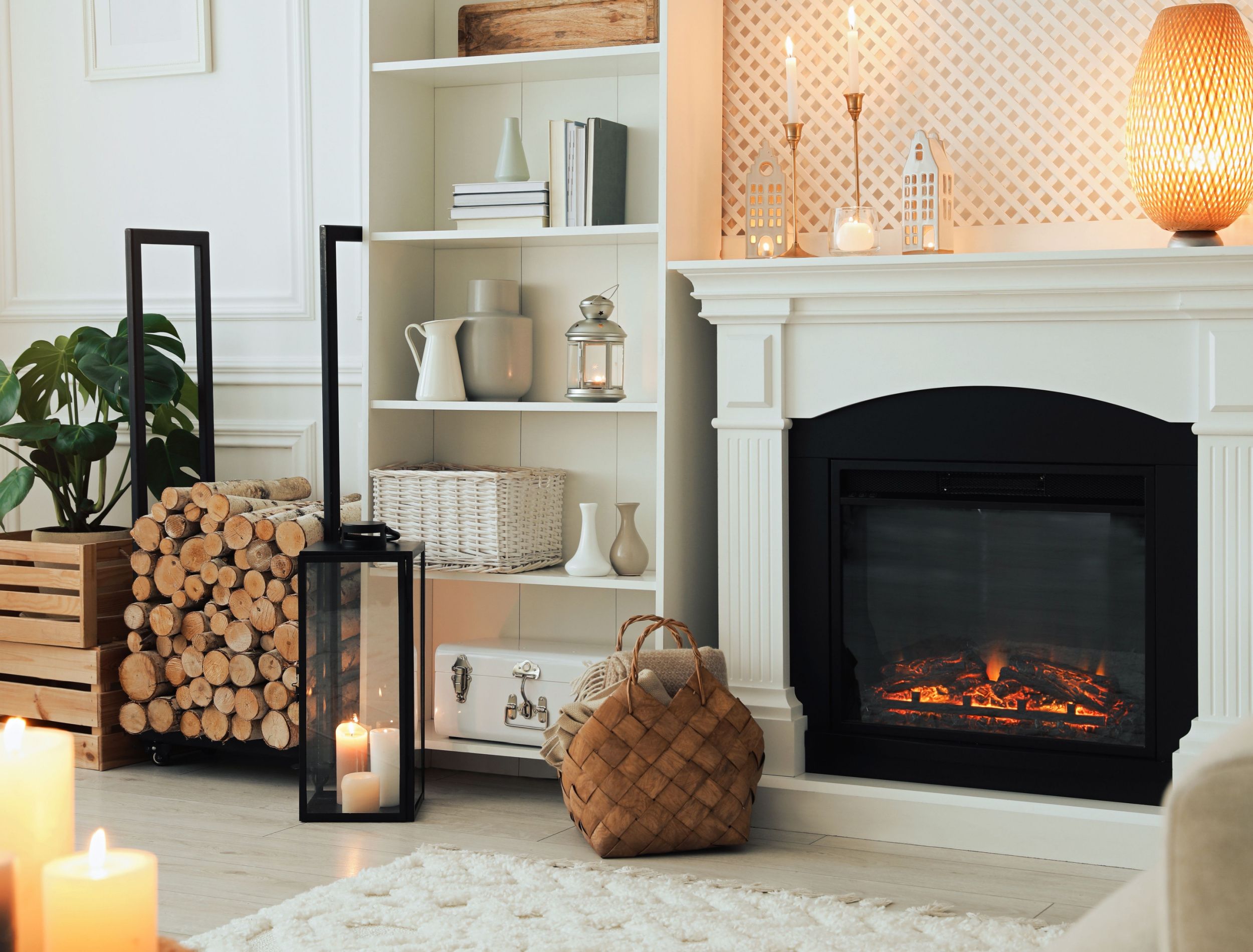 Stylish living room with fireplace and firewood log rack
