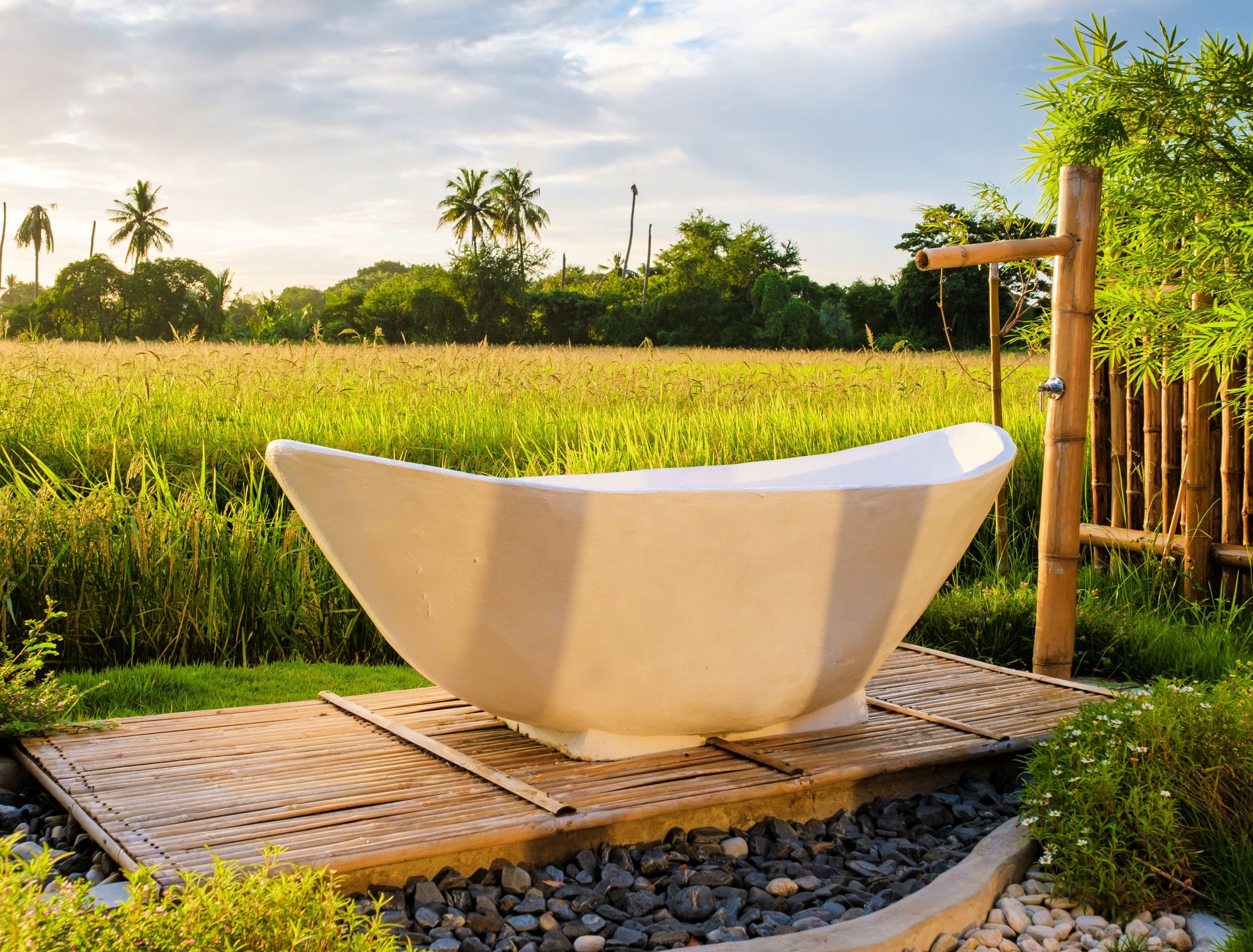 white bathtub outside looking out over a green rice field, bath tub outside on vacation at a homestay in Thailand with a green rice paddy field