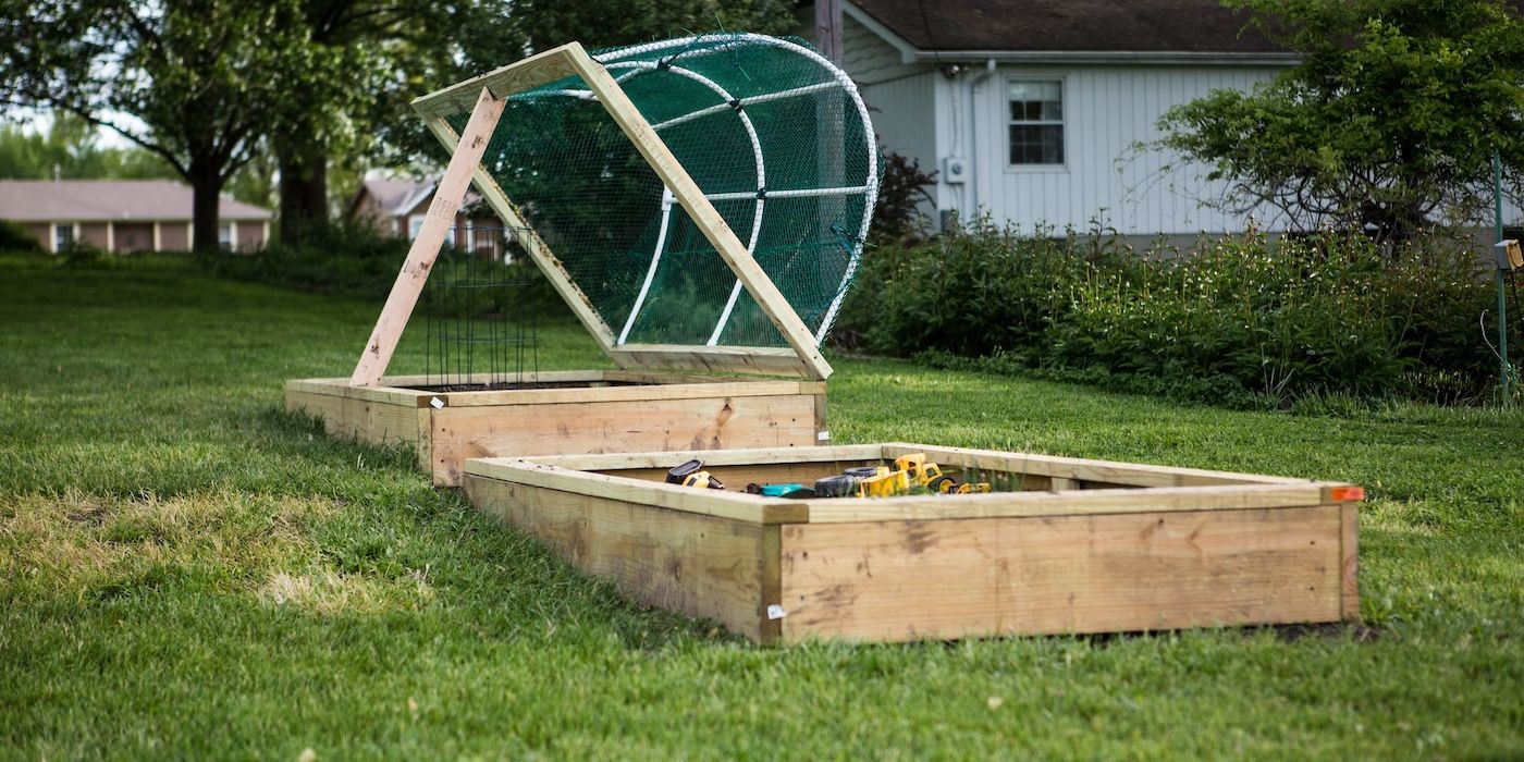 Two raised garden beds on green grass