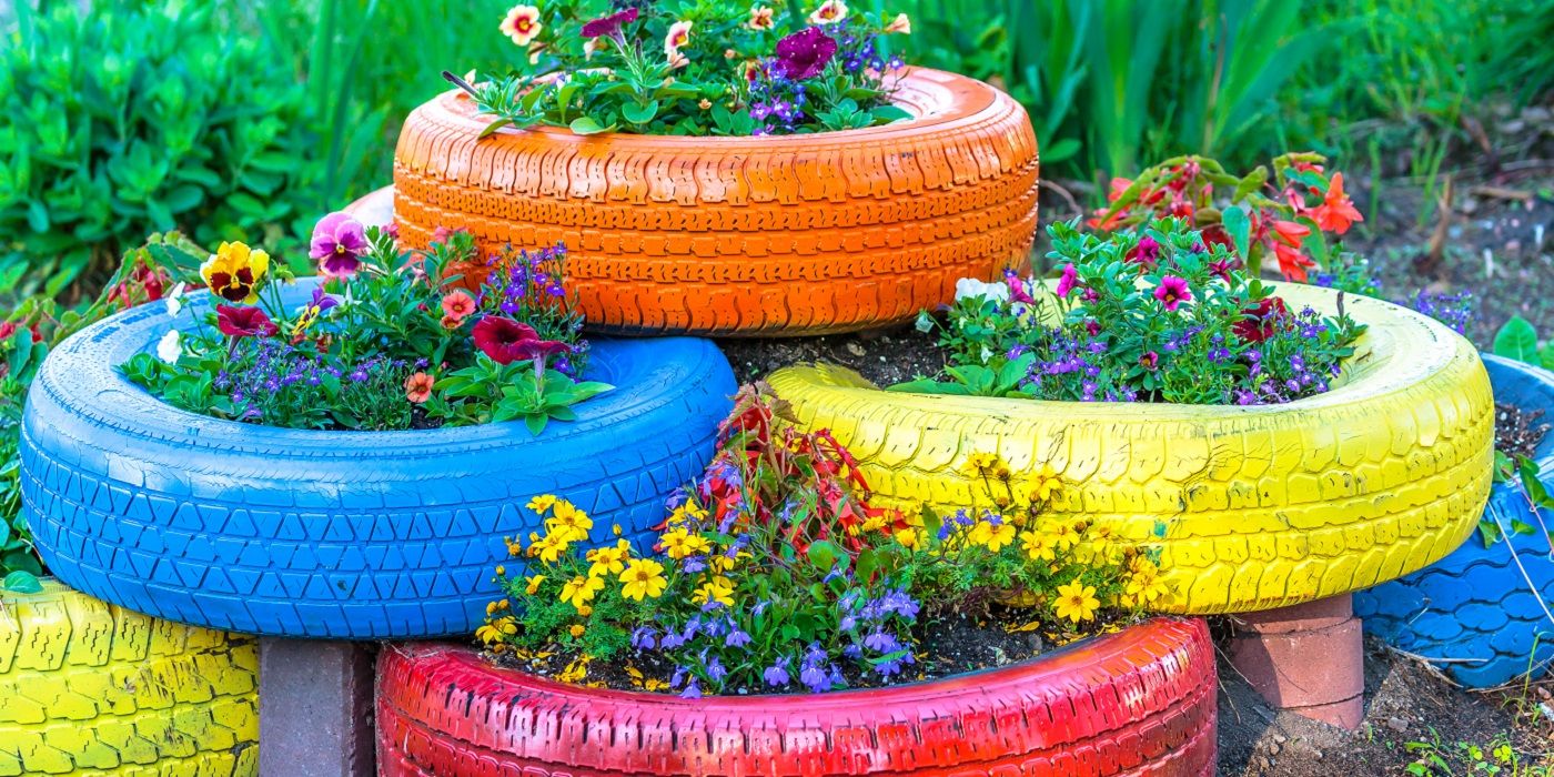 Old tires painted bright colors and turned into platers