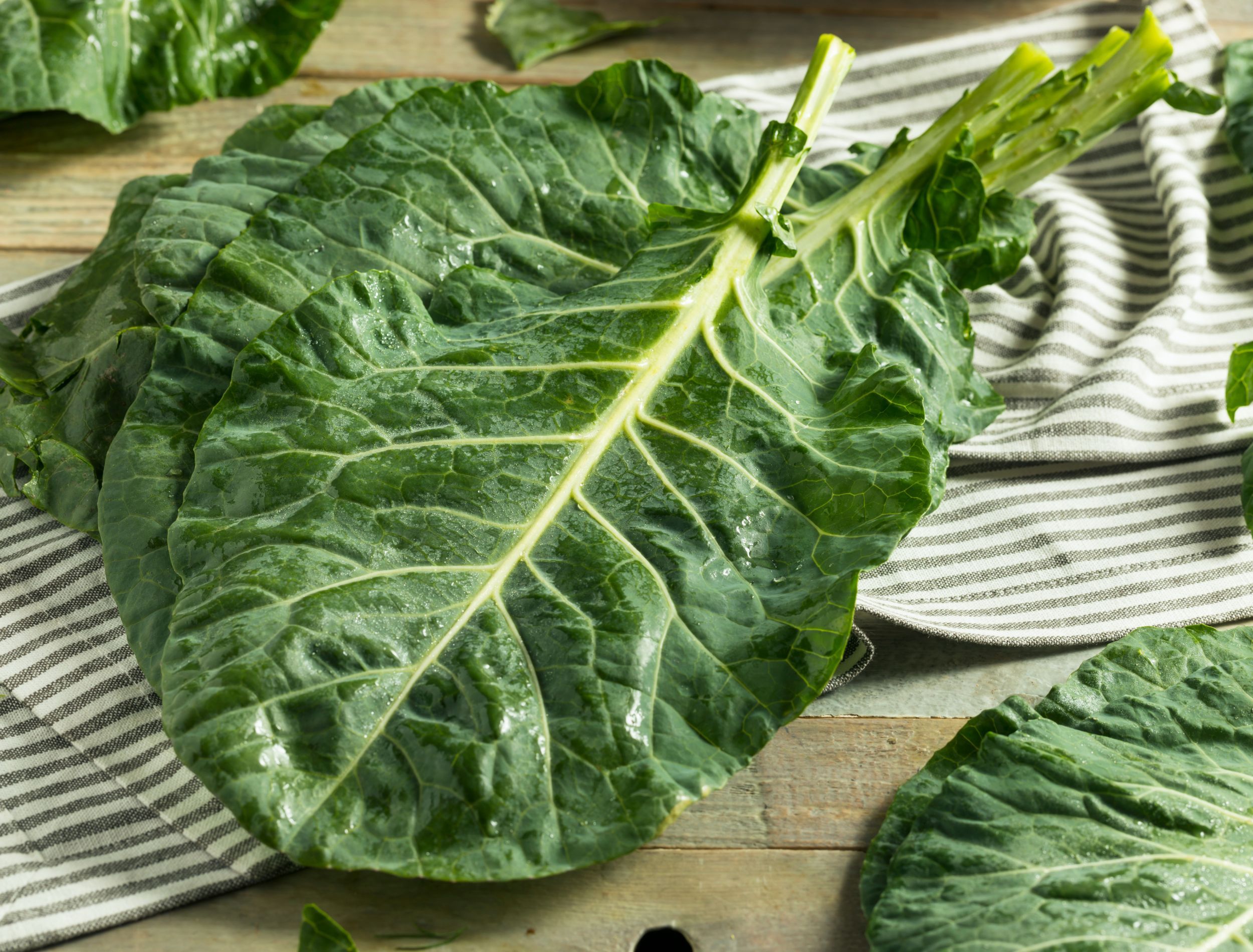 Freshly harvested collard greens on a cutting board in the kitchen