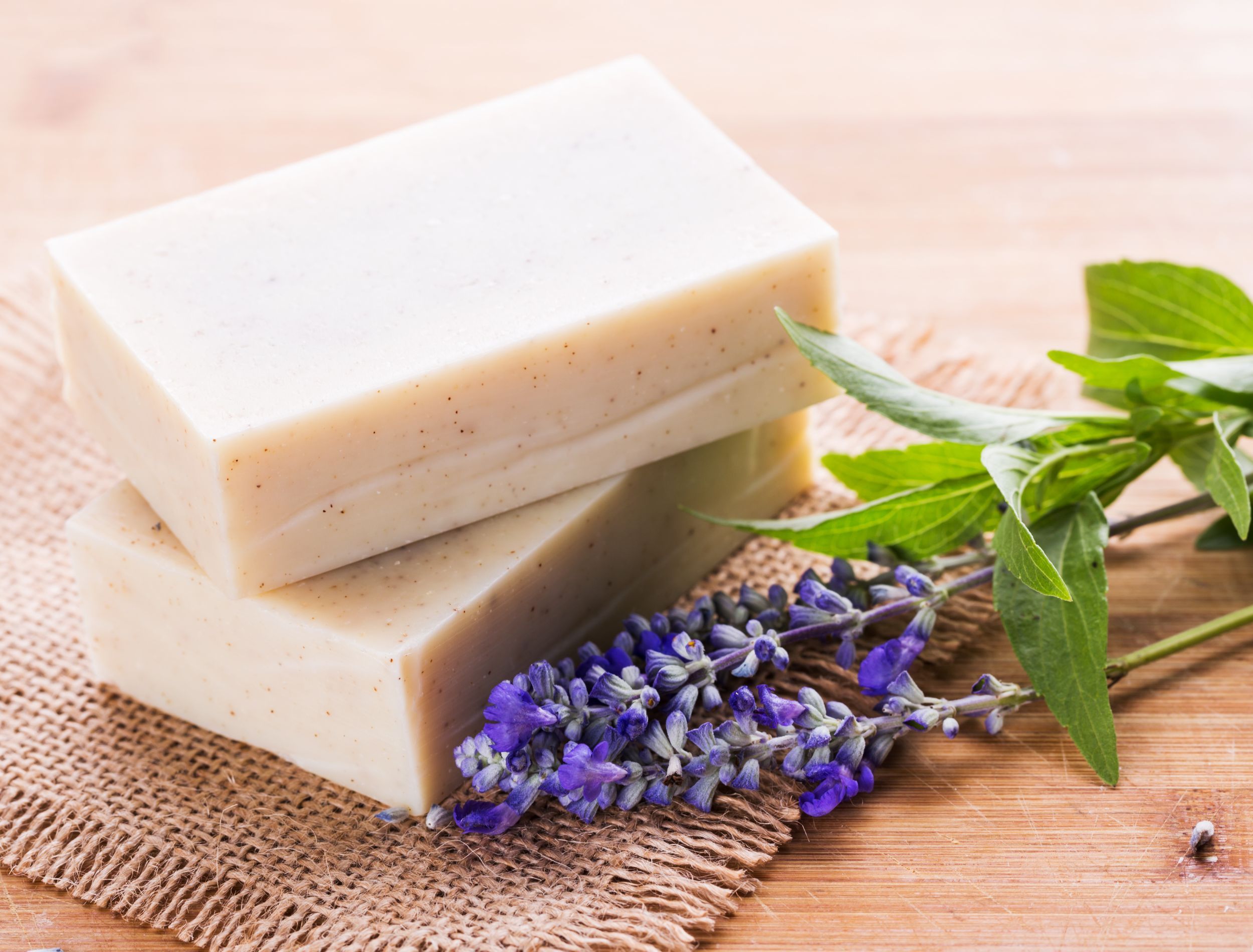 Organic bars of soap next to lavender