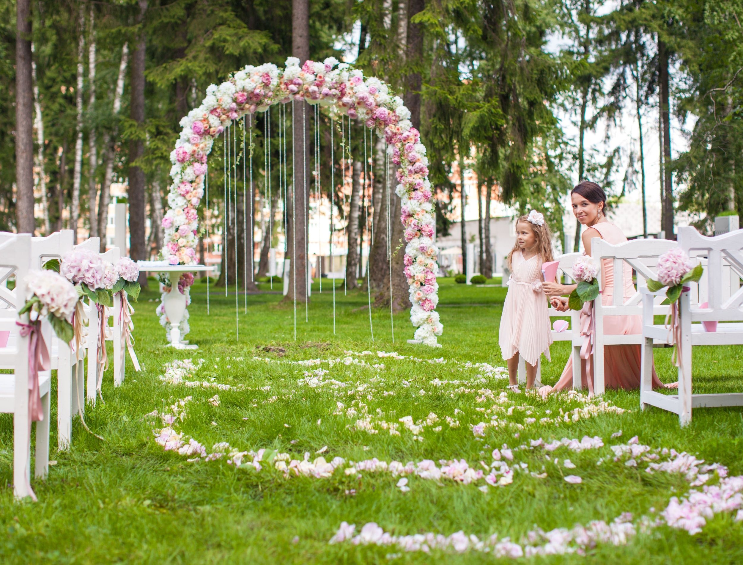 flower arch at wedding ceremony