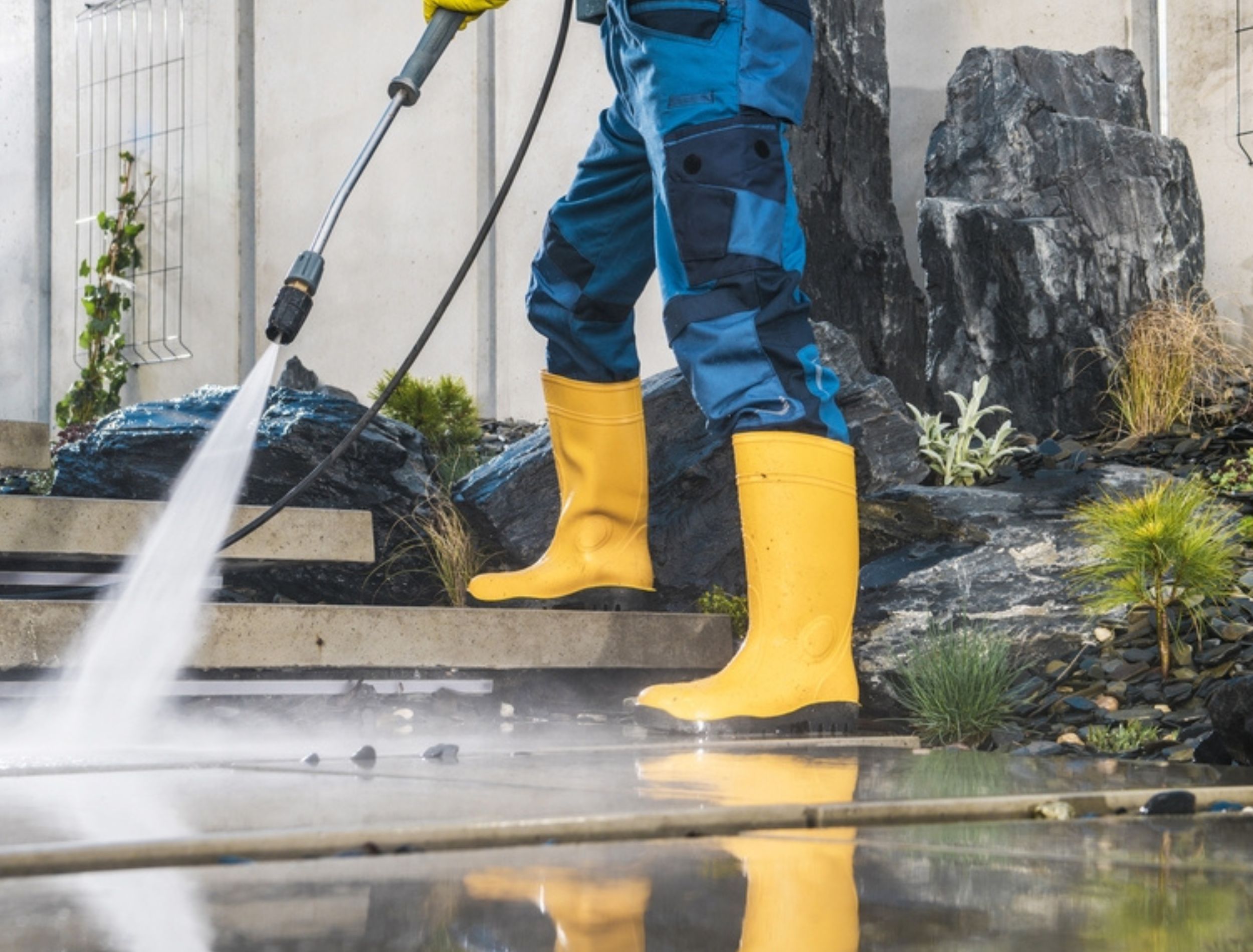 Man in yellow boots power washing