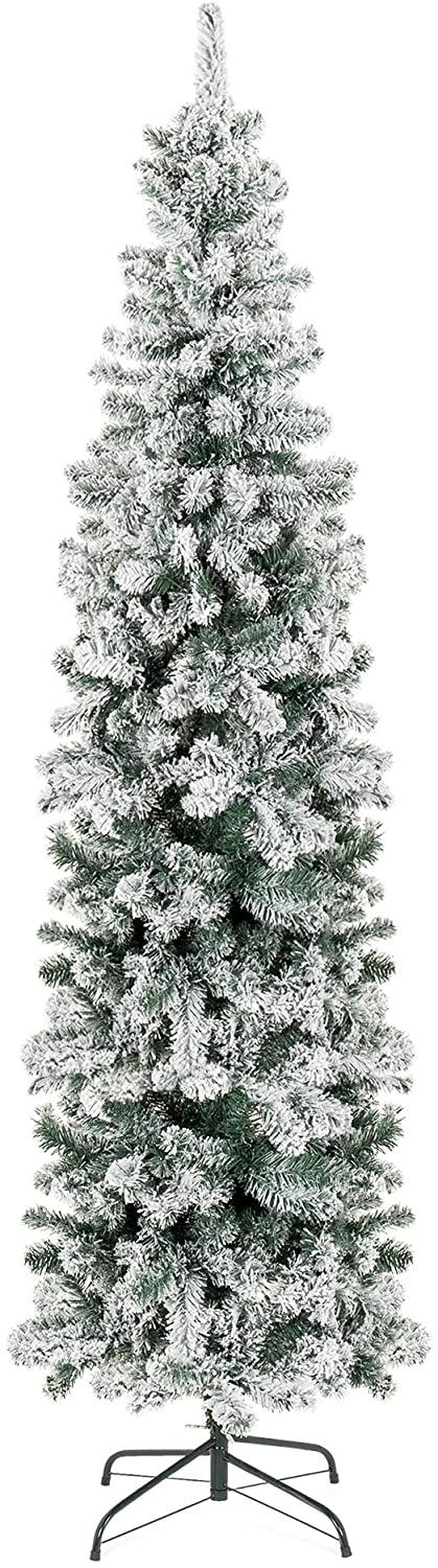 7.5ft Snow Flocked Artificial Pencil Christmas Tree Holiday Decoration w/Metal Stand - $$title$$