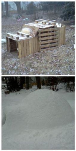 a snow fort made out of wooden pallets