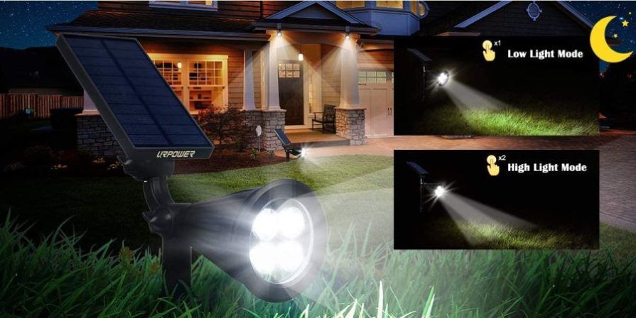 URPOWER solar spotlights with low and high light mode setting.