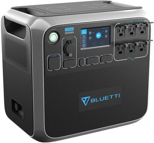 Black portable generator with blue accents and multiple outlets
