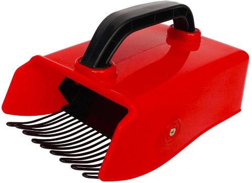 Red and black berry picker device with metallic comb