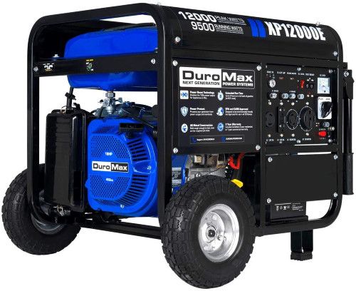 Black and blue portable generator on wheels, white background