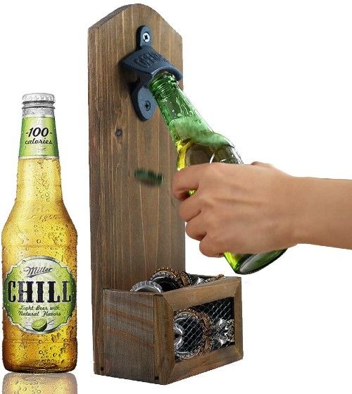 ZGZD Vintage Wall Mounted Wooden Bottle Opener with Cap Catcher