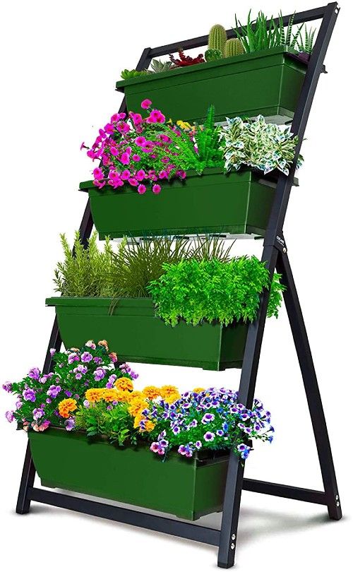 a planting frame with 4 green rectangular tiered planters