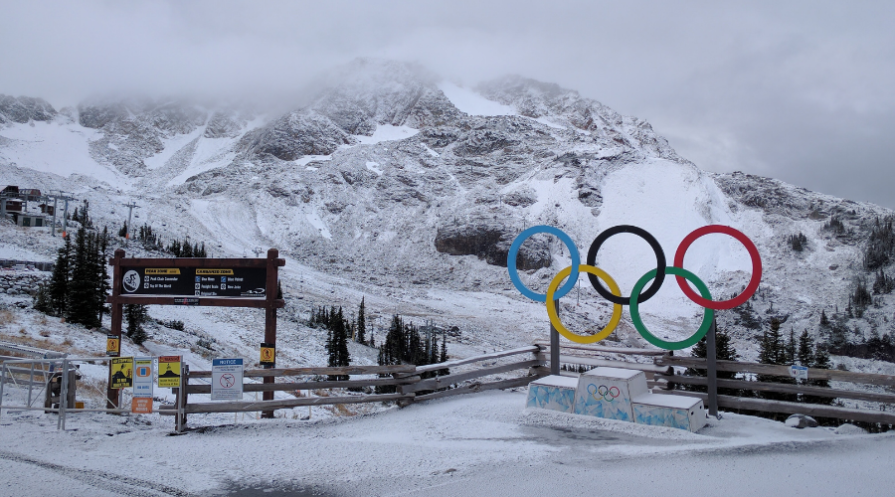 Olympic sign in winter mountain landscape